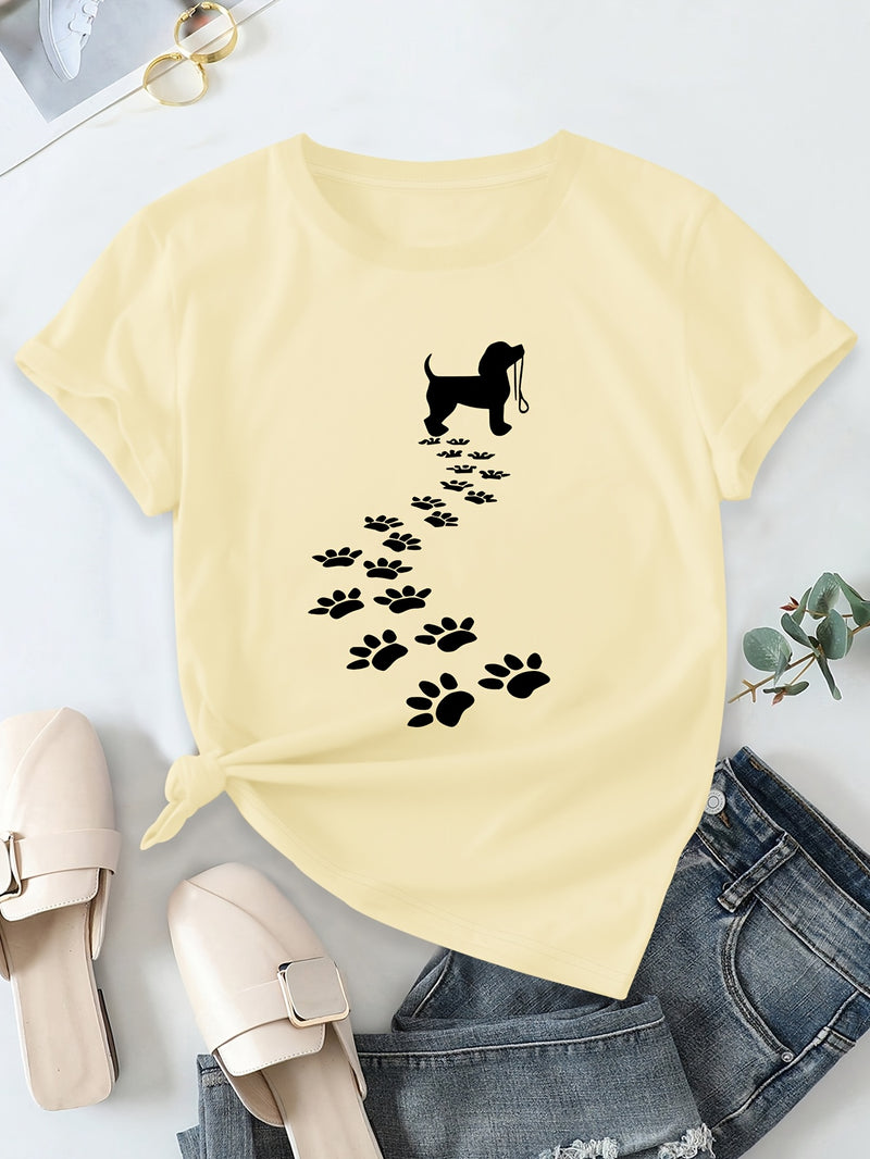 Women's Casual Short Sleeve T-Shirt with Dog Silhouette & Paw Print Graphic.