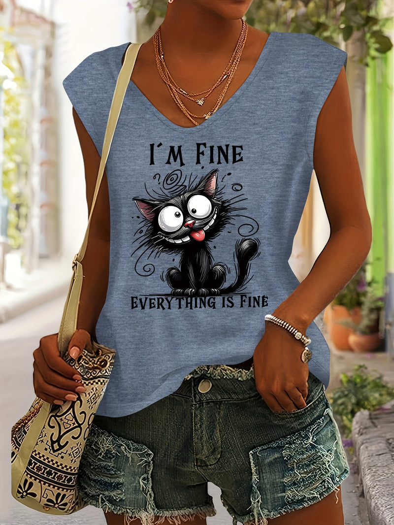 Women’s Cute Cat Print Rayon V-Neck Short Sleeve T-Shirt.