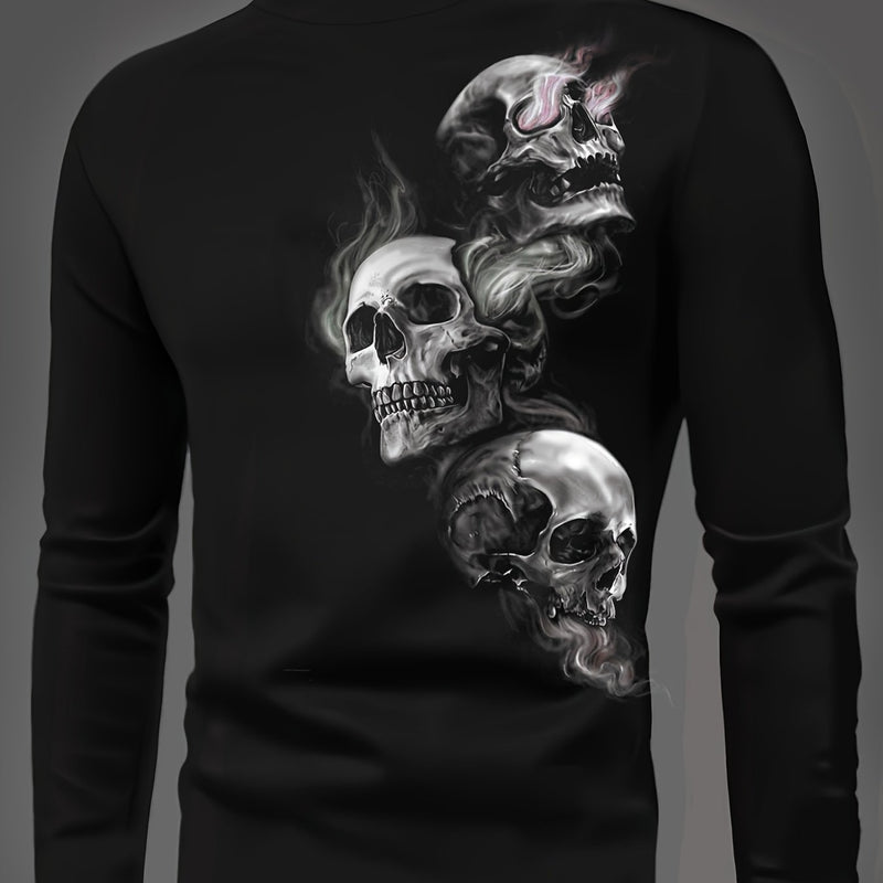 Men's Fall Three Skull Print Casual Comfort Long Sleeve Crew Neck T-Shirt.
