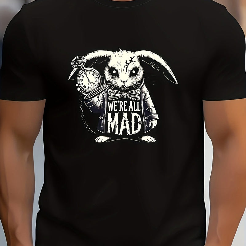 Men’s T-Shirt Featuring a Crazy White Rabbit Design.