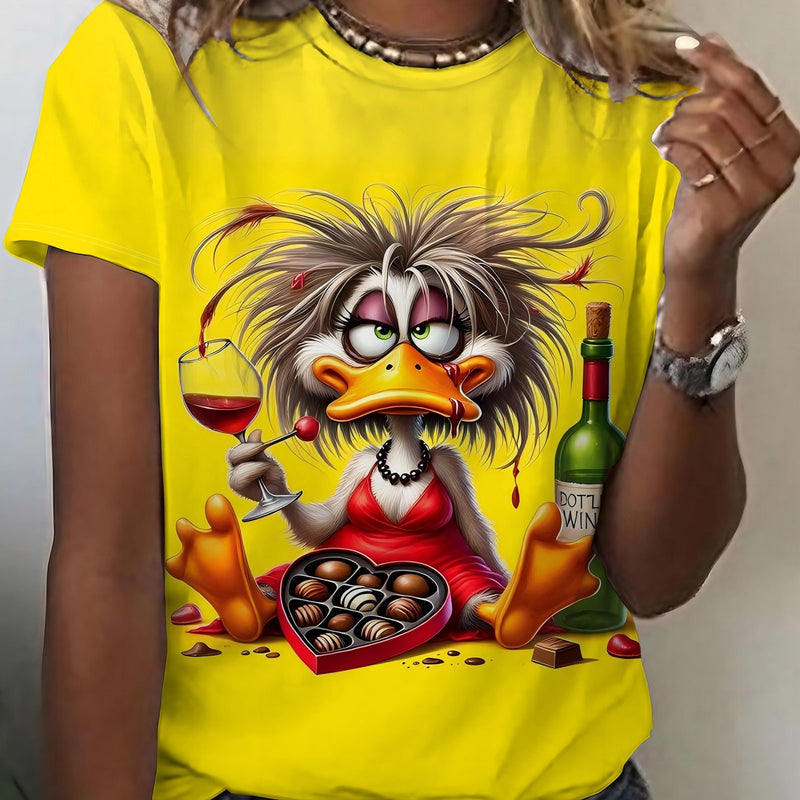 A Short-Sleeved Shirt Featuring a Casual Duck Wine Chocolate Design, Perfect for Women.