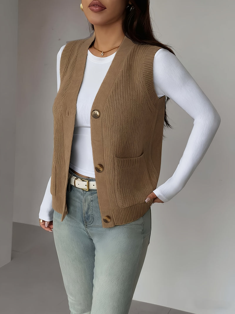 New Solid Color V-Neck Pocket Women's Sweater Vest.
