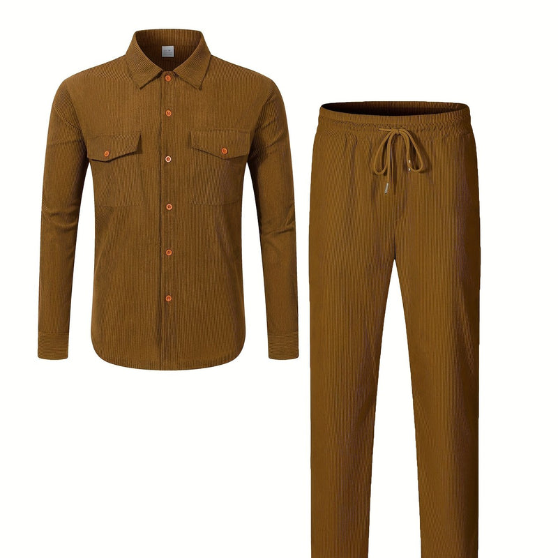 Men'S Casual Two-Piece Set - Olive Green Corduroy  Shirt & Pants.