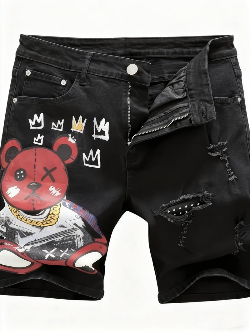 New Retro European and American Style Red Bear Print Ripped Jeans.