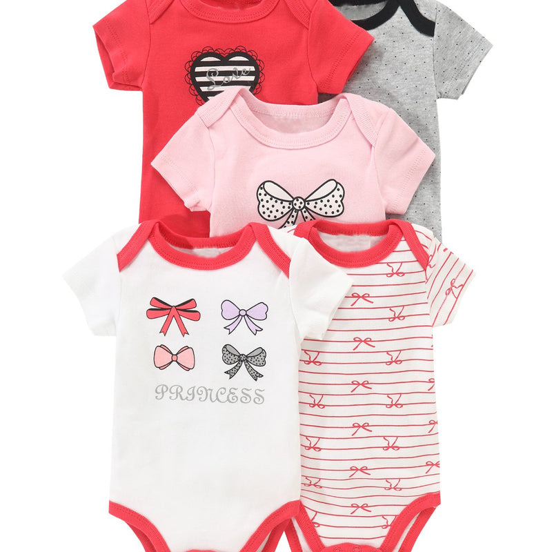 5pcs Newborn Baby Girl Bodysuit Set, Cute Casual Romper with Embroidery.