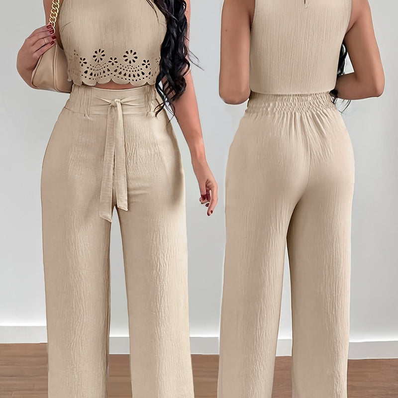 Women's Casual Pants 2pcs Set, Round Neck Sleeveless Floral Crop Top.