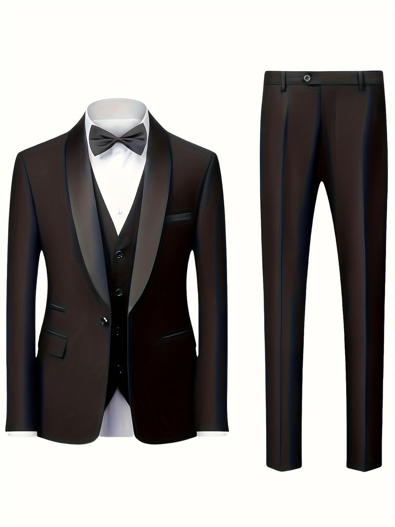 Men's 3pcs Wedding Suit Set - Slim Fit Business Suit Jacket + Single-Breasted Vest.