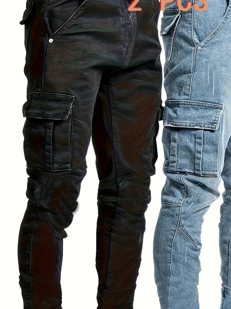 2pcs Men's Skinny Jeans Multi-pocket mid-waist stretch denim.