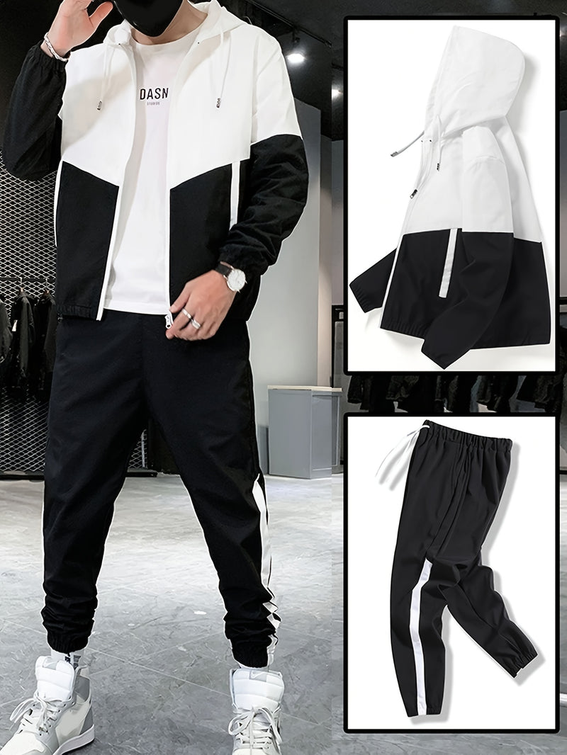 2pcs Men's Spring And Autumn Hooded Color-Block Casual Sports Suit.