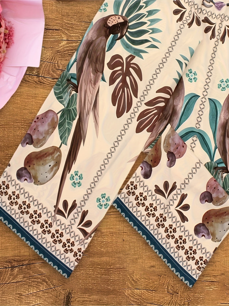 2pcs Women's Tropical Parrot Print Wide Leg Pants and Sleeveless Waistcoat.