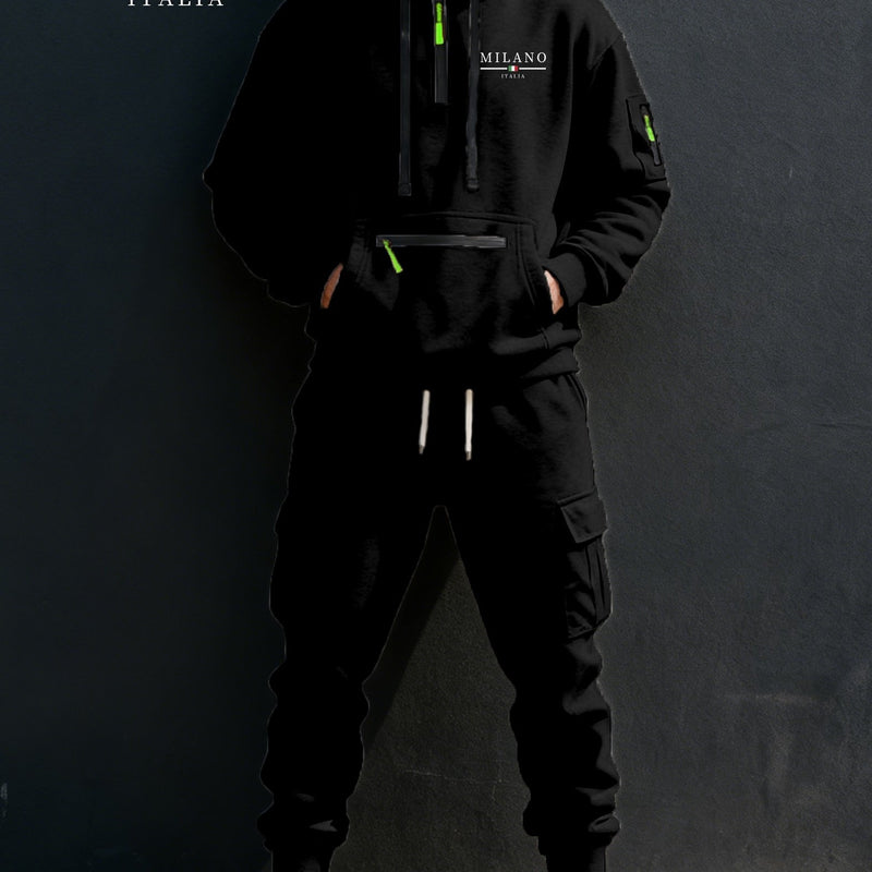 Men's Halloween Paris Letter Print Hoodie & Drawstring Cargo Jogger.