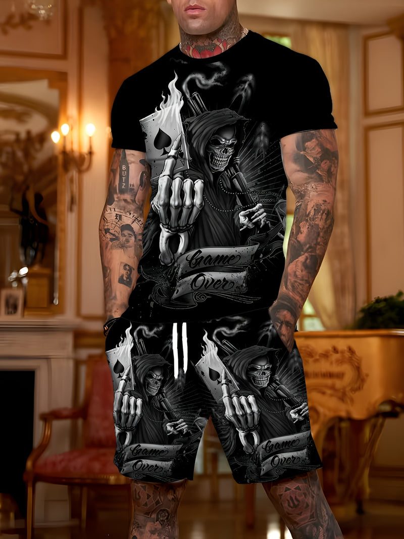 Men's Color Block Logo Skull Print 3D Pattern Summer Casual Sportswear Set.