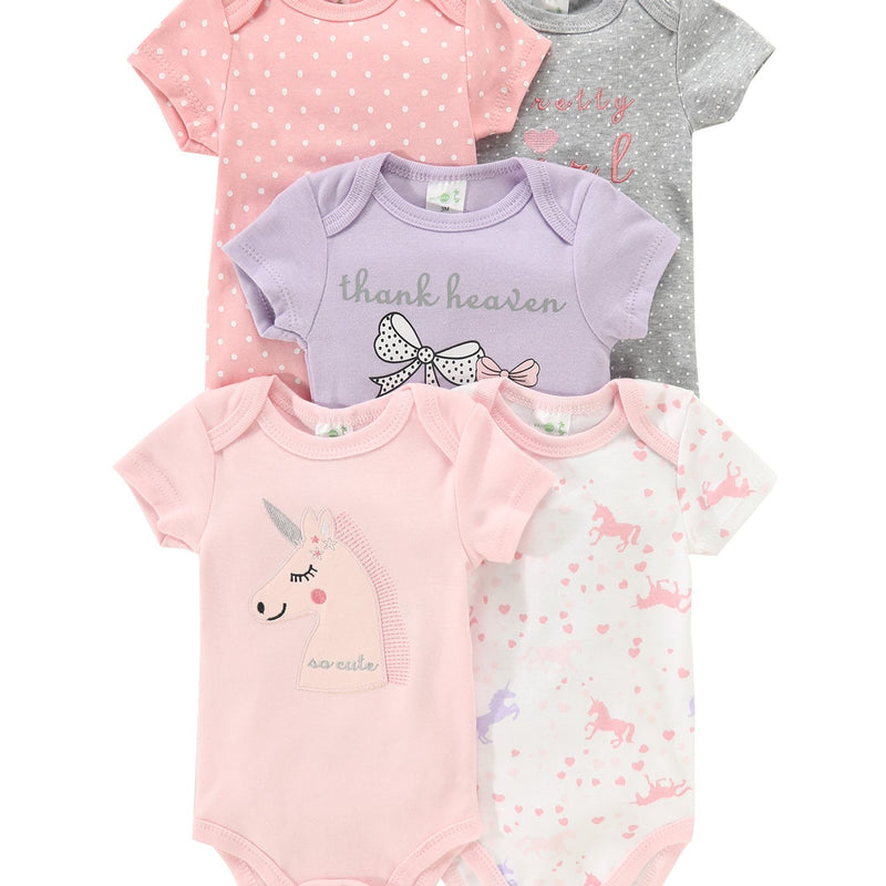 5pcs Newborn Baby Girl Bodysuit Set, Cute Casual Romper with Embroidery.