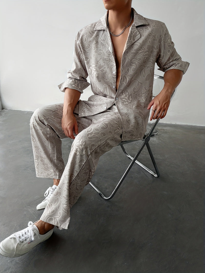 Men's Shirt Set, Casual Style, Comfortable Long-Sleeve Shirt And Pants Outfit.