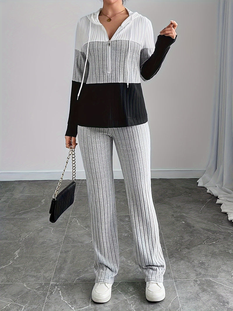 2pcs Women's Ribbed Hooded Sweatshirt and Pants Set.