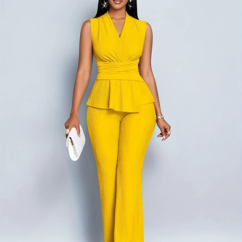 Women's Elegant V-Neck Sleeveless T-Shirt and Wide-Leg Pants 2pcs Set.