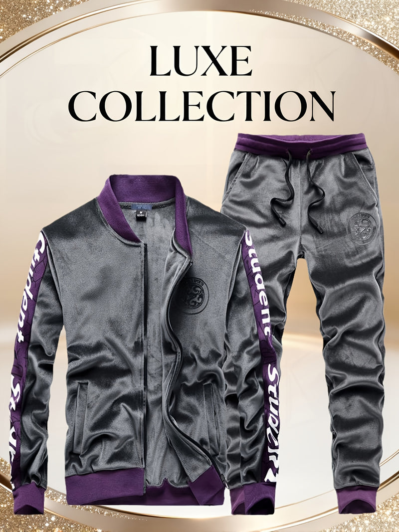 Student Fashion Velvet Sports Suit Men Premium Plush Casual Jacket Pants 2pcs.