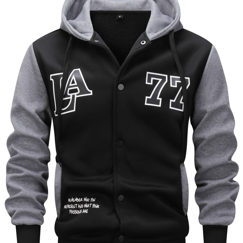 Men's Color Blocking Letters Pattern Hooded Baseball Jacket, Casual Stylish Outdoor.
