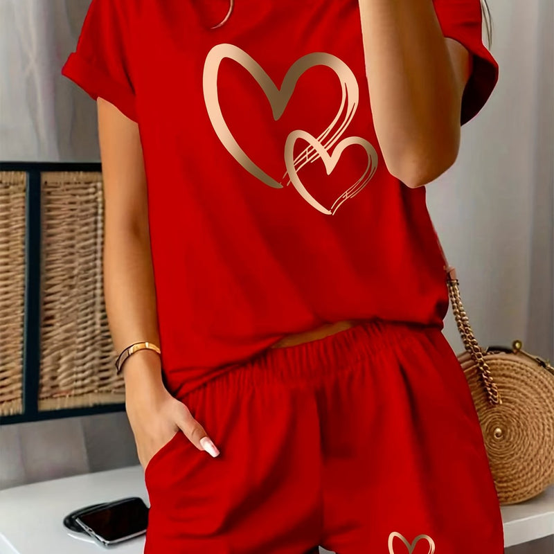 Women's Sporty Two-Piece Set: Round Neck Short Sleeve T-Shirt + Pocketed Shorts.