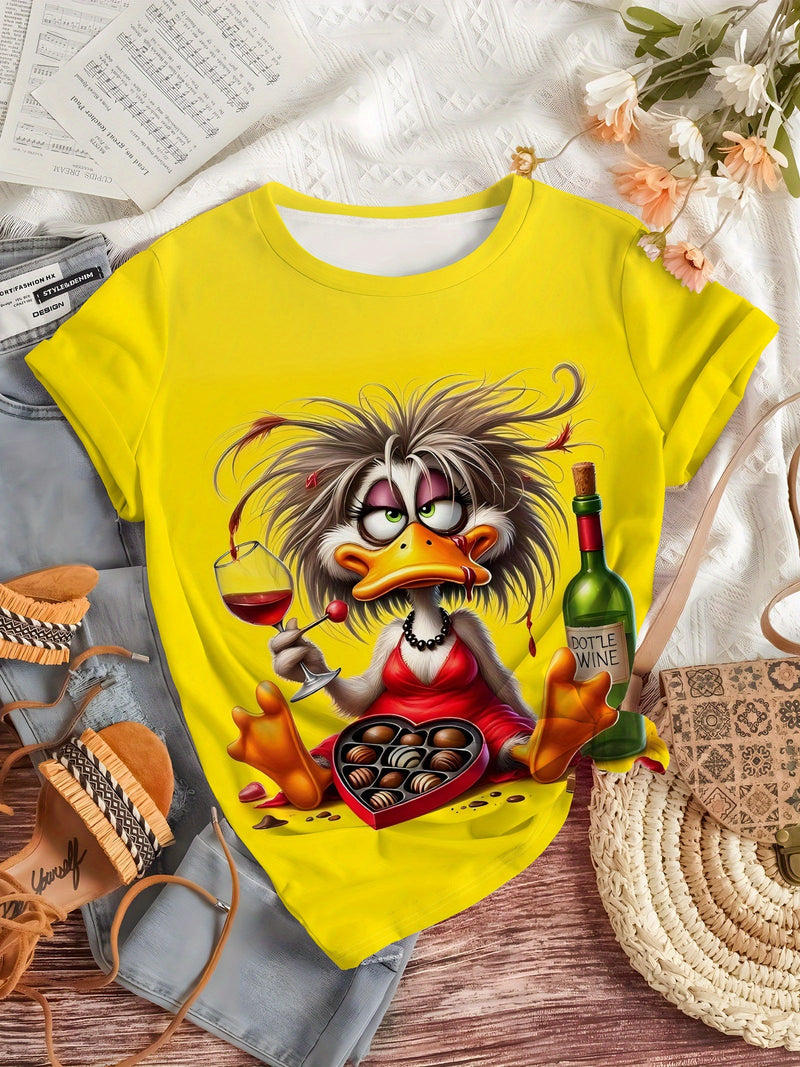 A Short-Sleeved Shirt Featuring a Casual Duck Wine Chocolate Design, Perfect for Women.