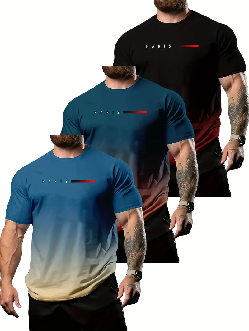 Set of 3 Vibrant Gradient Short-Sleeve Crew Neck T-Shirts for Men.