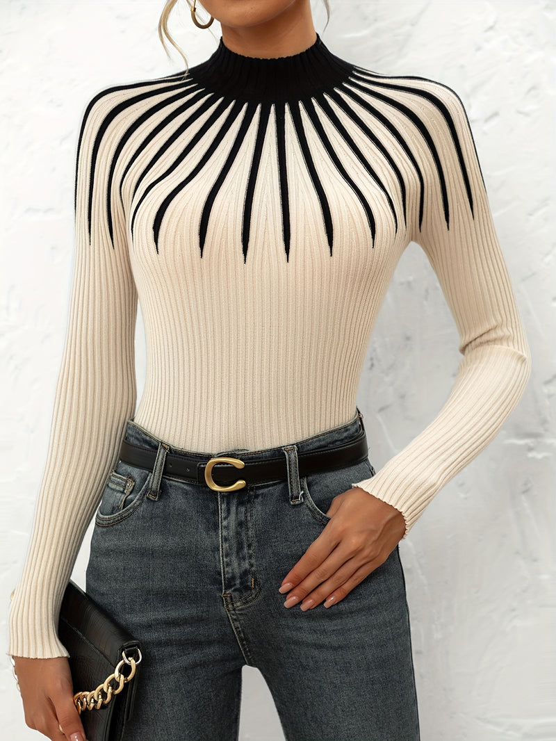 Women's Color Block Ribbed Elegant Long Sleeve Pullover.