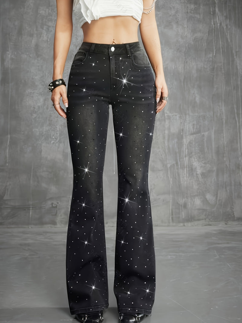 Women's Fashion Carnival Denim Rhinestone Low-Rise Flare Jeans.