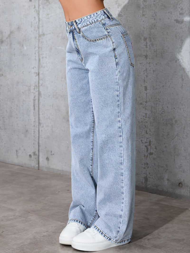 Women's High-Waisted Simple Versatile Distressed Wide Leg Jeans.