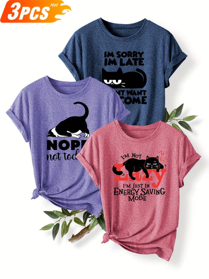 3pcs Women’s Featuring a Round-Neck Short-Sleeve T-Shirt.