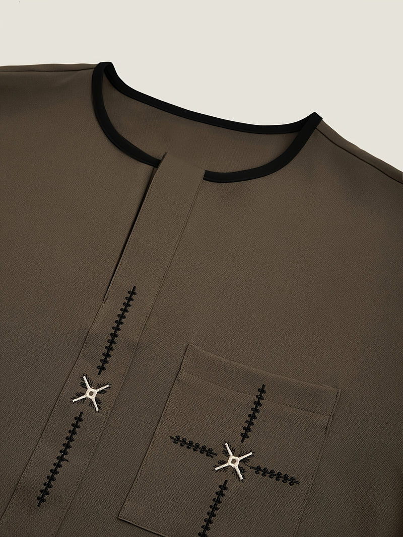 Men'S Classic Embroidered Suit, Summer Mid-Sleeve Top.