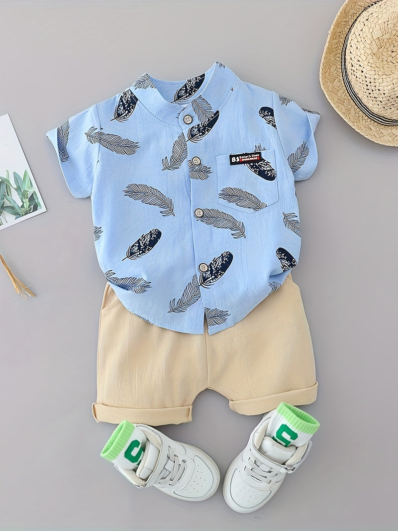 Youngsters Summer Feather Print Short Sleeve Shirt & Shorts Set.