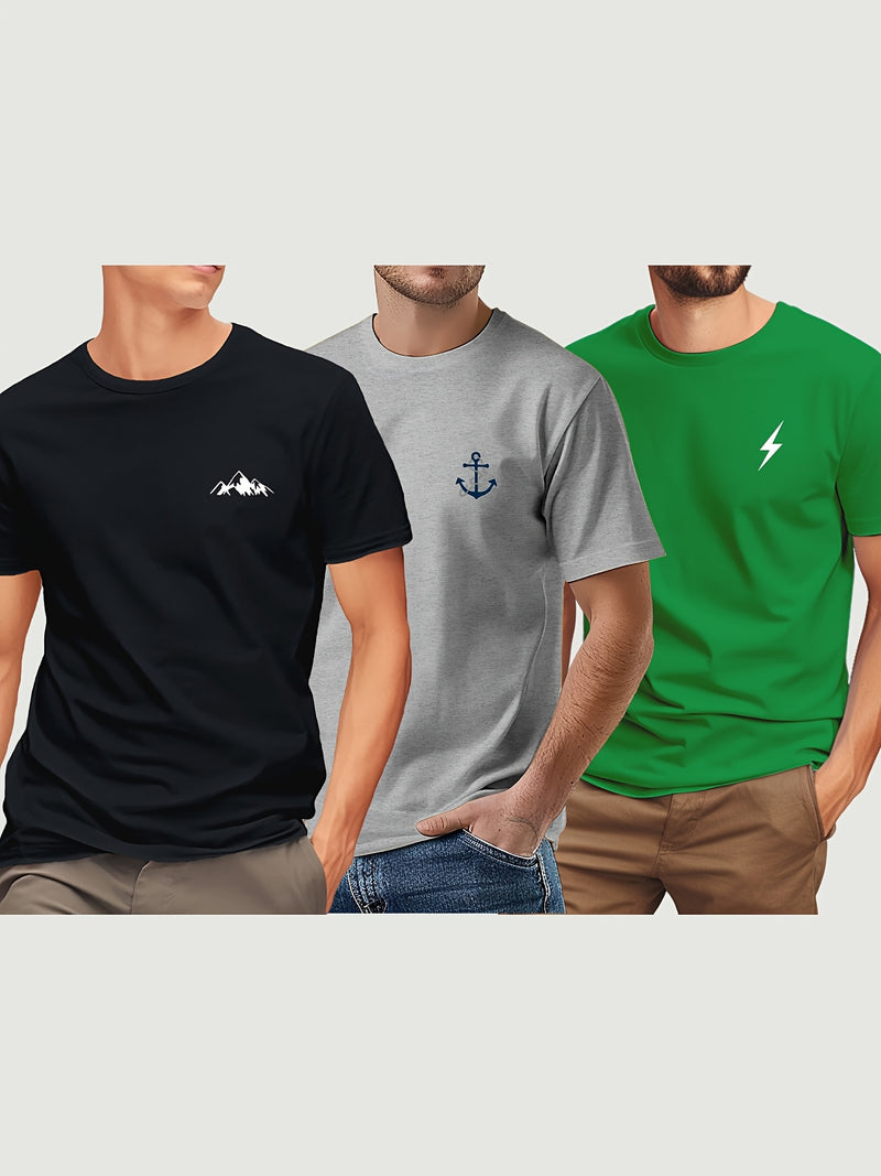 3pcs Men'S Short Sleeve Print T-Shirt.