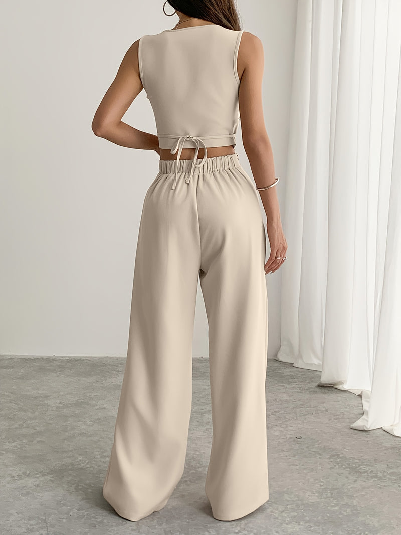 Women’s Apricot-Colored Sleeveless Cardigans with Square Necklines And Loose-Fitting Wide-Leg Pants.