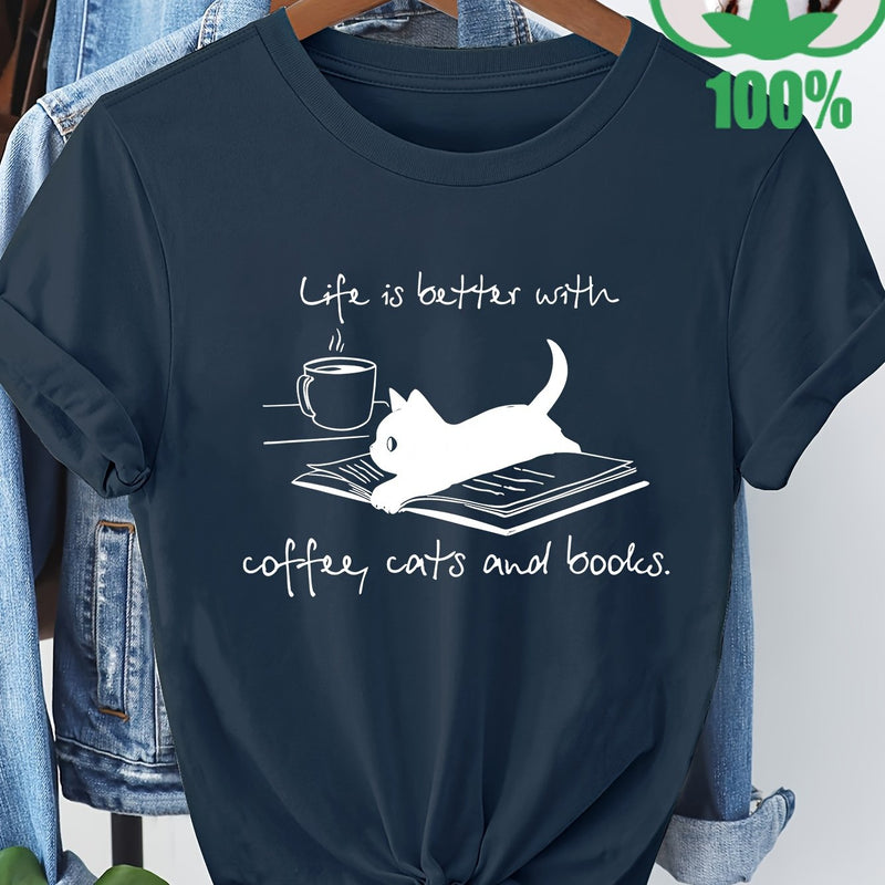 Women’s T-Shirt with a Coffee, Cat, And Book Pattern.