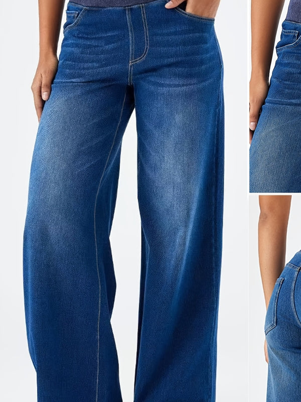Women's Elastic Waist High-Waisted Wide-Leg Jeans.