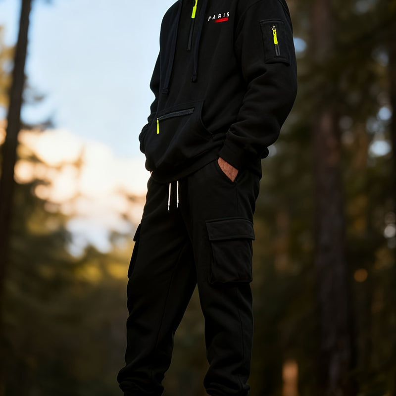 Men's Halloween Paris Letter Print Hoodie & Drawstring Cargo Jogger.