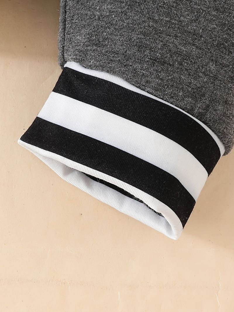 Long-sleeve Letter Print Romper + Striped Pants + Hat Three-piece Set.