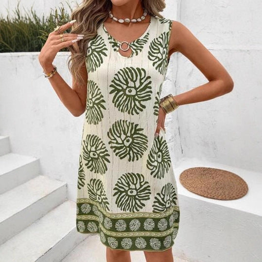 Women's Summer Fashion Dress, Casual Vacation Sleeveless Round Neck Printed.