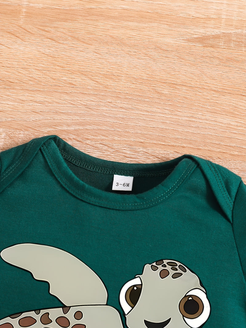 Baby Boy Summer Short-Sleeved Cartoon "Little Turtle" Print Romper, for Outdoor.