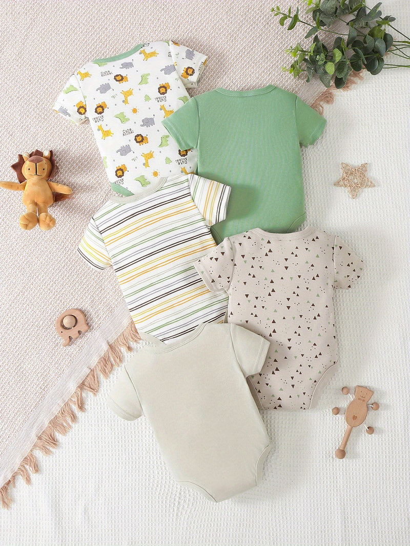 5pcs Baby Boy Short-Sleeve Romper Bodysuit Set, Cotton Cute Cartoon.