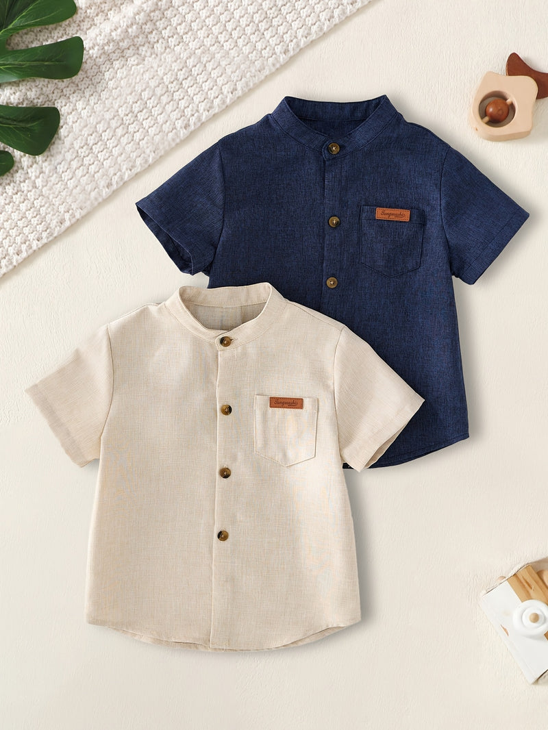 2pcs Boys Summer Stand Collar Short Sleeve Shirts.