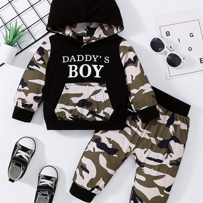 Baby Letter Slogan Print Camo Pocket Hoodie & Camo Pants Set, for Outdoor.