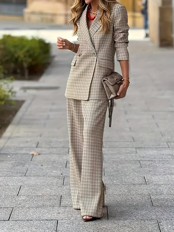 Women's Product: Lined Plaid Suit Jacket Top + Plaid Wide-Leg Pants Suit.