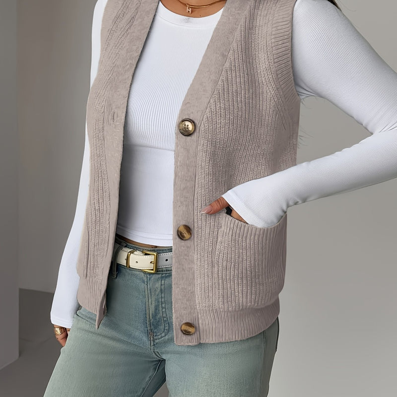 New Solid Color V-Neck Pocket Women's Sweater Vest.