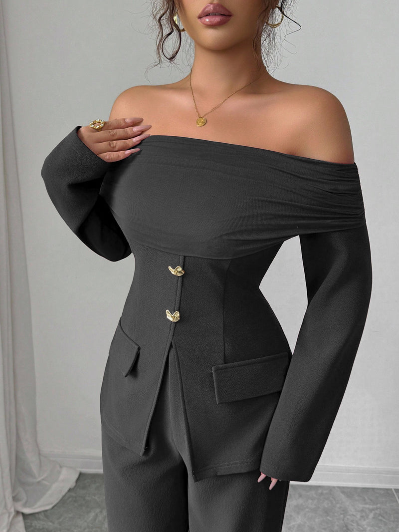 Women's Elegant Versatile Off-Shoulder Top with Mesh Panel Slim Fit Waist Zipper.