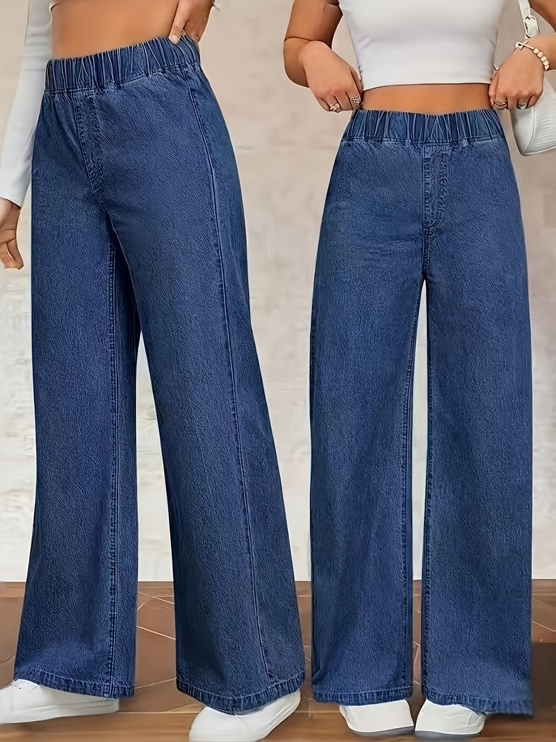 Women's Washed Casual High-Waisted Elastic Waistband Blue Jeans.