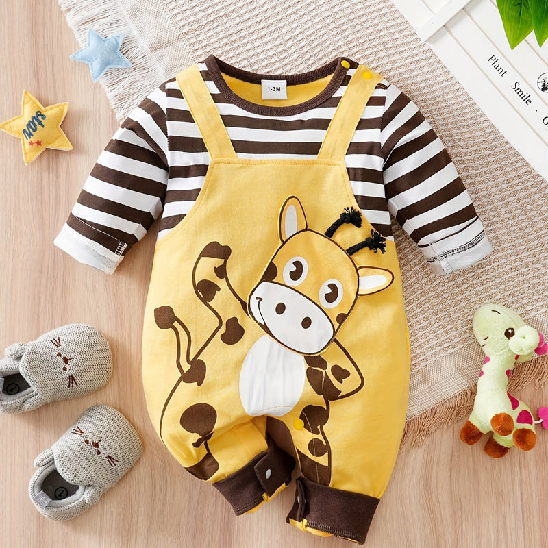 Cotton Striped Yellow Giraffe with Faux Suspenders, Three-Dimensional Design.