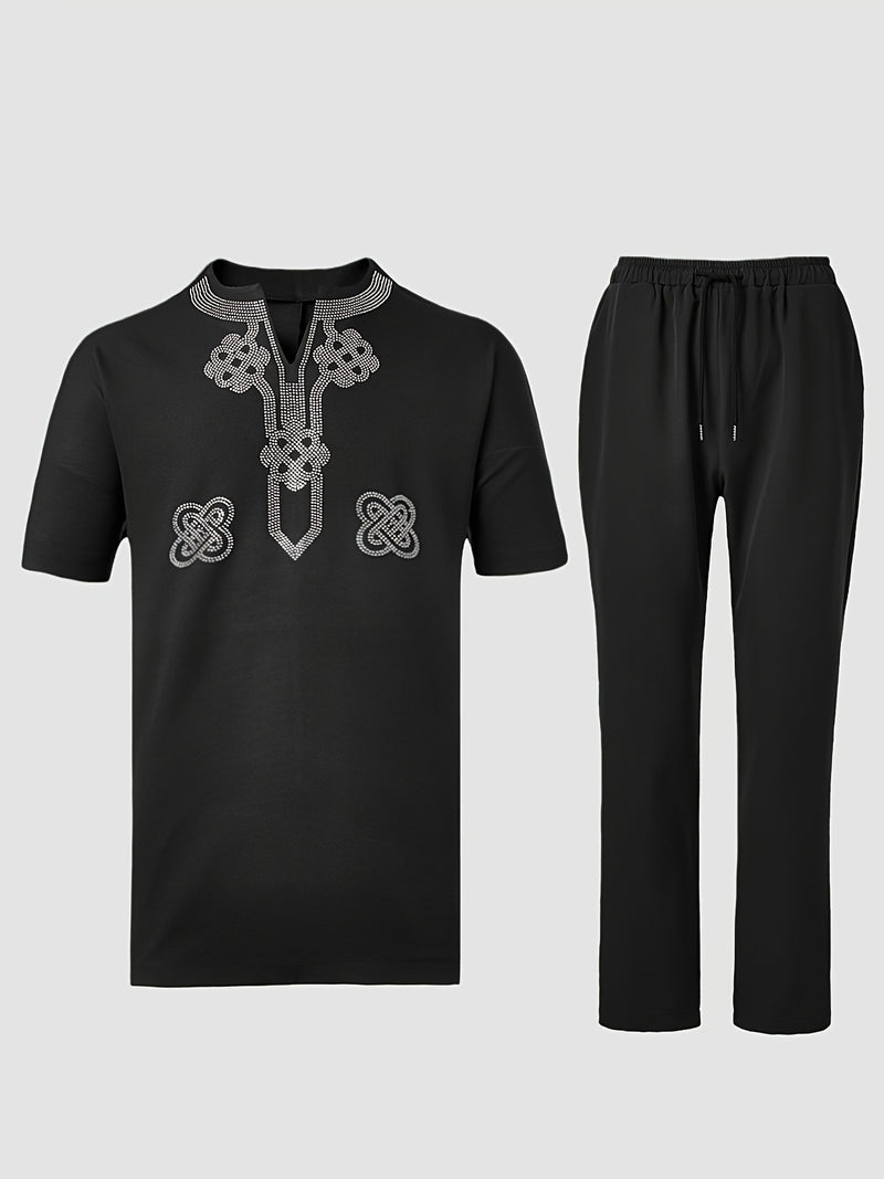 Summer New Men'S Two-Piece Suit Solid Color V-Neck Rhinestone.