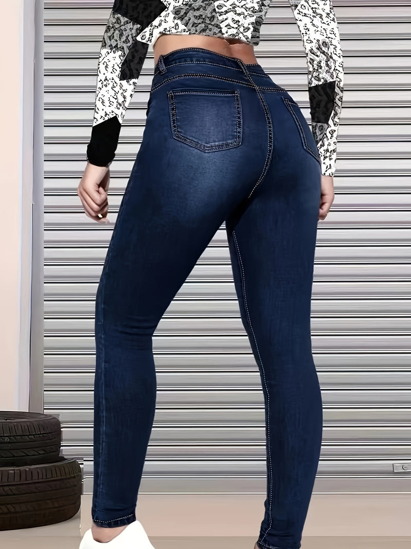 Women's Blue Distressed Skinny Jeans, Ripped Washed Denim Pants.