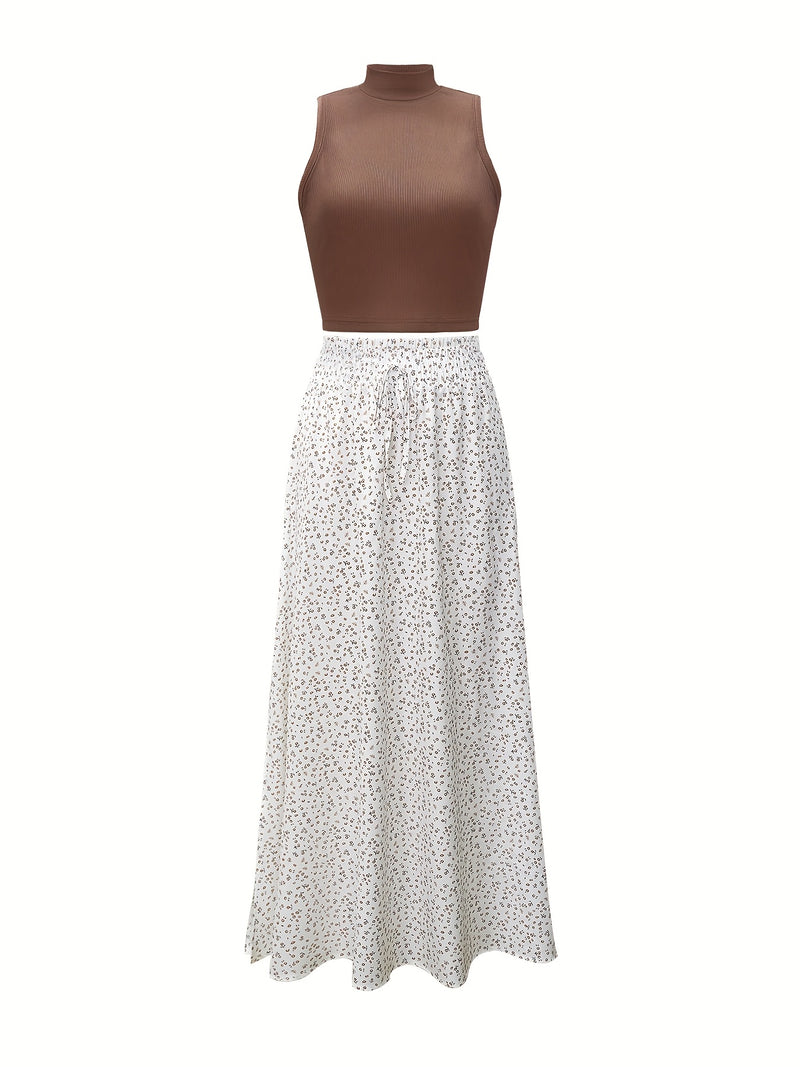 Women's Solid Color Sleeveless Top with Ribbed and Floral Skirt 2pcs Set.